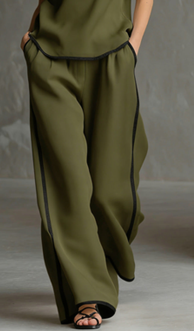 Free Shipping-Cozy Black-trimmed Linen And Cotton Sleeveless Top And Pants Two-piece Set