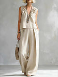 Women's Ruched V-neck Sleeveless Top And Pants Set
