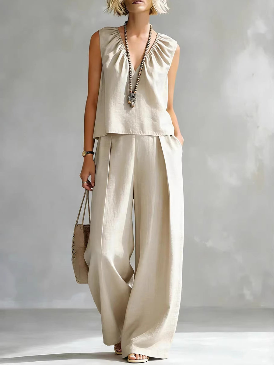 Women's Ruched V-neck Sleeveless Top And Pants Set