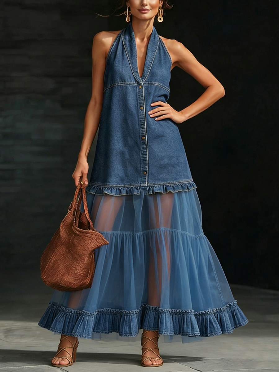 📦📦LAST DAY SAVE 49% ⏰Stylish Elegant Organza-Paneled Denim Maxi Dress