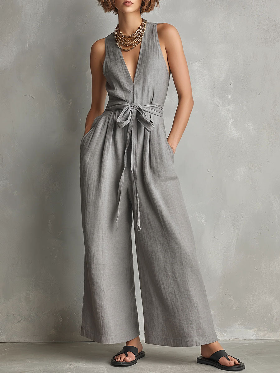 ☀️ Cotton Linen Jumpsuit | V-Neck Sleeveless Wide-Leg Fit