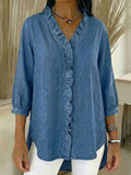 ✨✨Women's Casual Denim V-Neck Ruffled Shirt