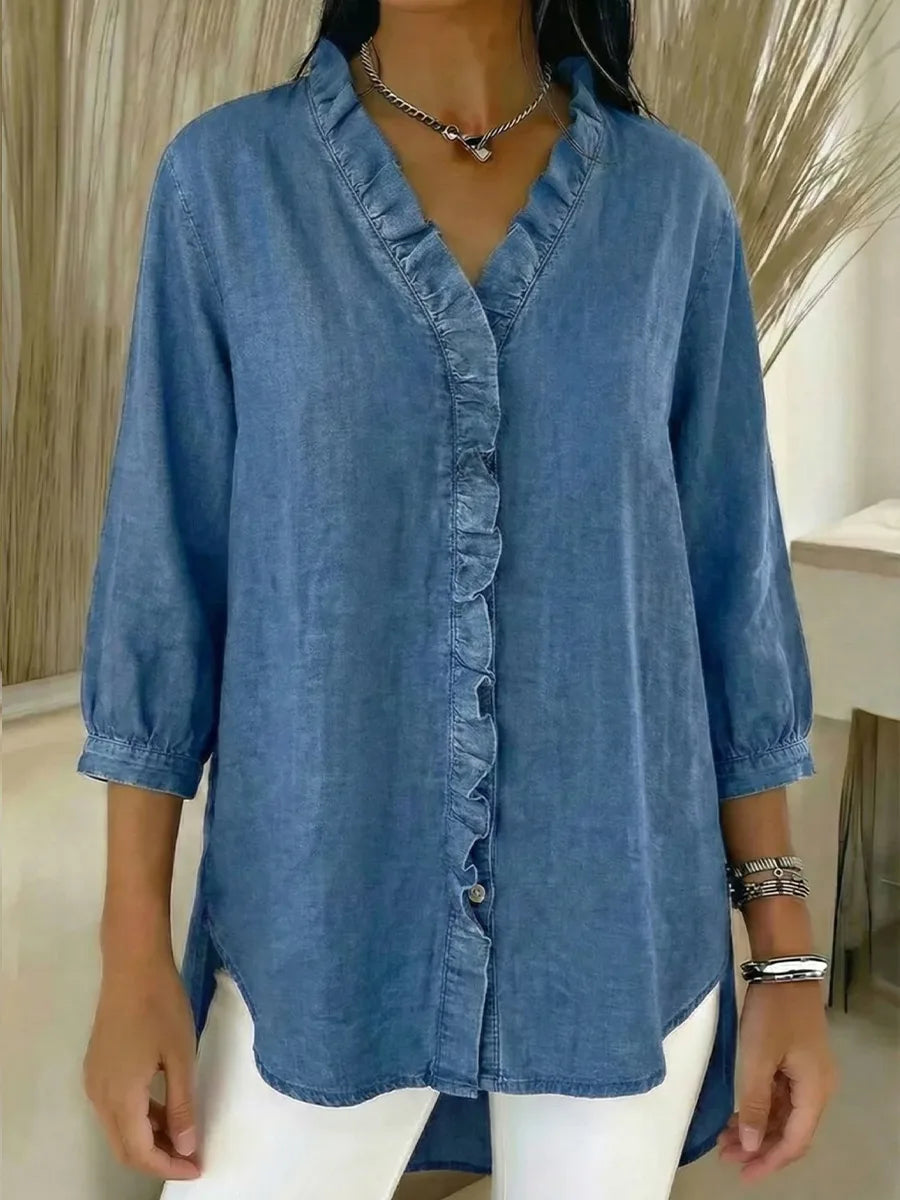 ✨✨Women's Casual Denim V-Neck Ruffled Shirt