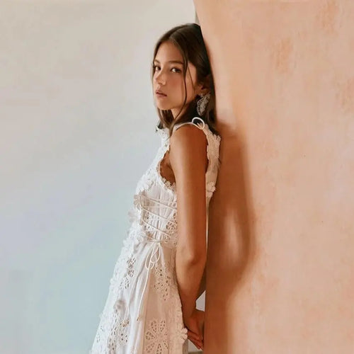 2026 Delicate Lace Hook And Lace Up Sides Maxi Dress - Soft Premium Fabric, Sleeveless, Floral Decorated, Fitted Waist, Perfect for Casual Outings & Beach Vacations weddingguestdress