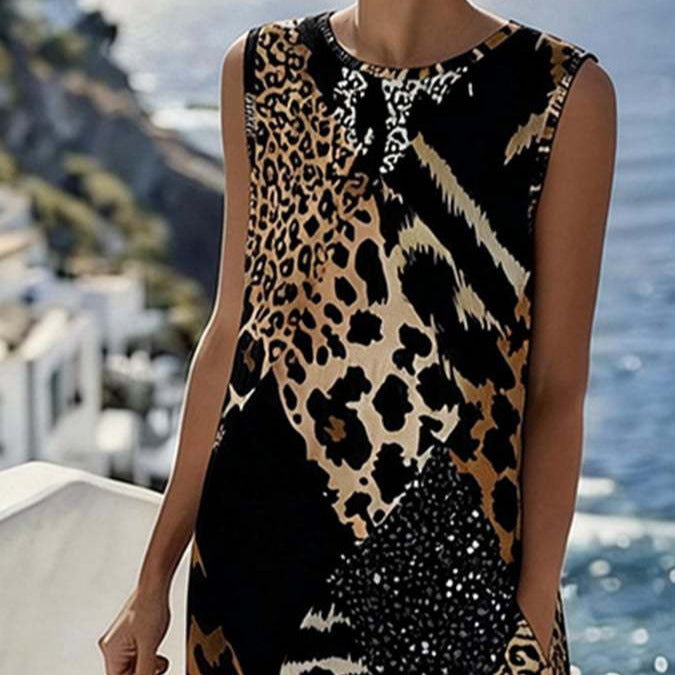 🎉🐆 Long Sleeveless Patchwork Dress 👗✨ Chic Leopard Print Style 💐