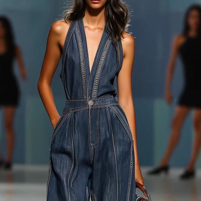✨ Free Shipping✨Women's V-neck Sleeveless Casual Loose Denim Jumpsuit With Wide Legs