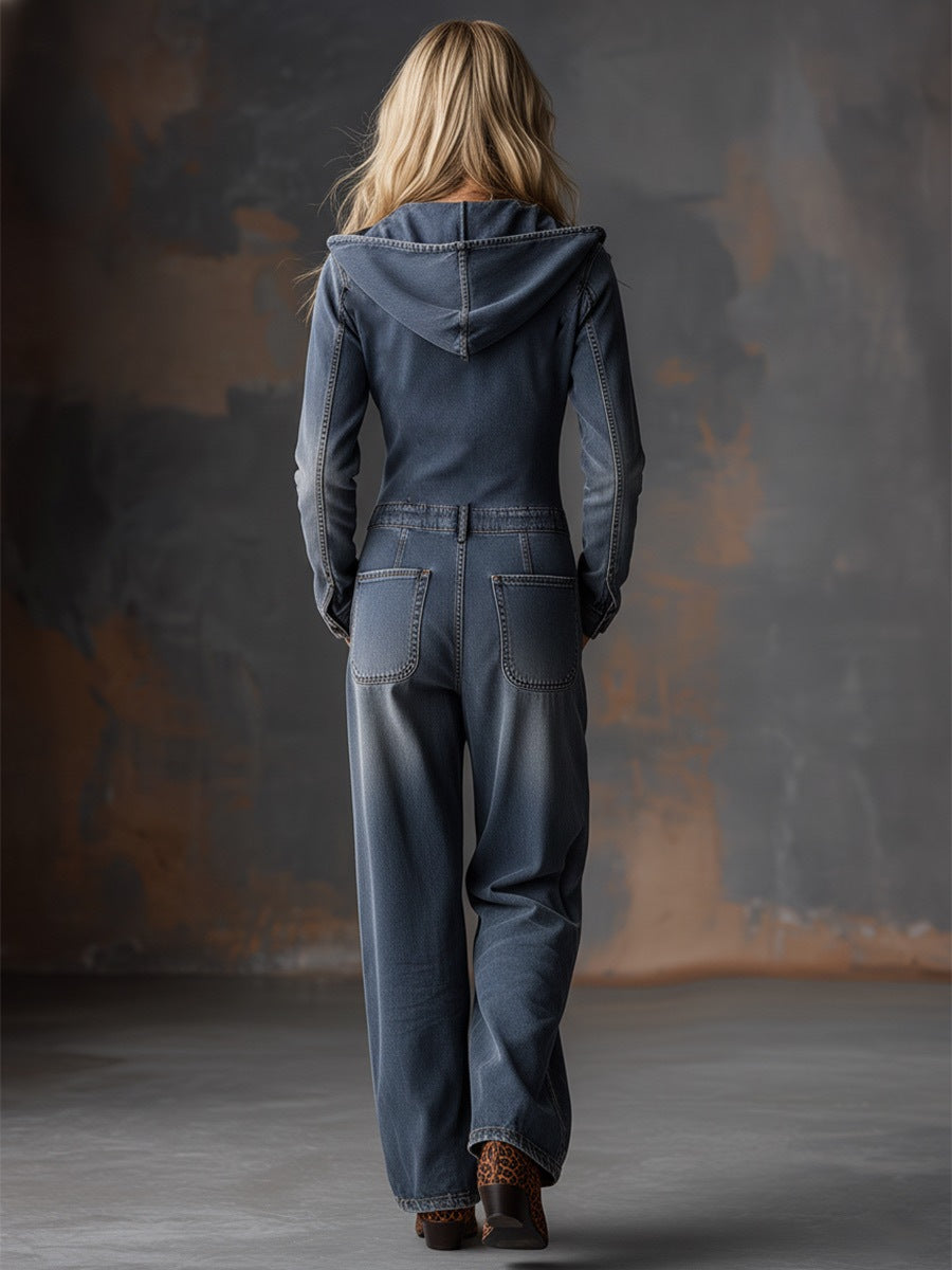 ✨ Free Shipping✨Women's Lapel Long-sleeved Casual Loose Hooded Denim Jumpsuit