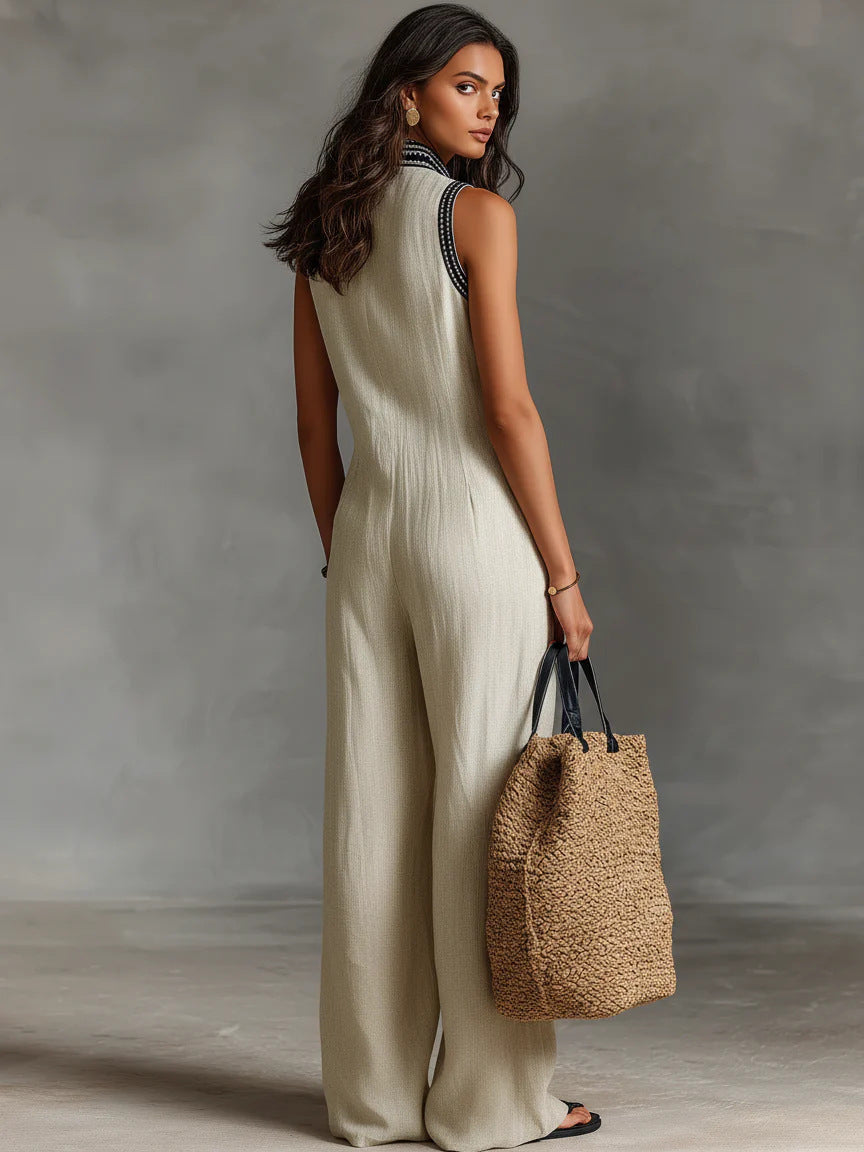 Women's V-neck Sleeveless Casual Loose Cotton And Linen Jumpsuit
