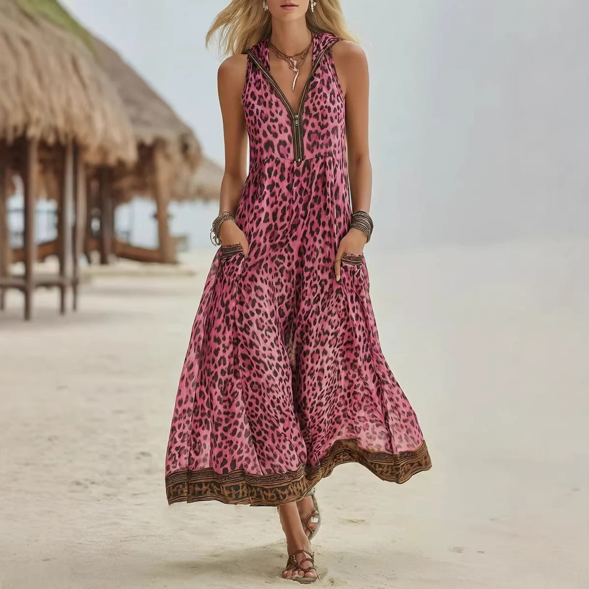 🌷🌷Women's Retro Casual Green Leopard Print Art Hooded Midi Dress