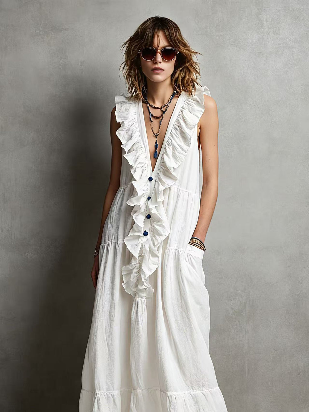 Women's Solid-color V-neck Ruffled Sleeveless Casual Loose Cotton-linen Dress