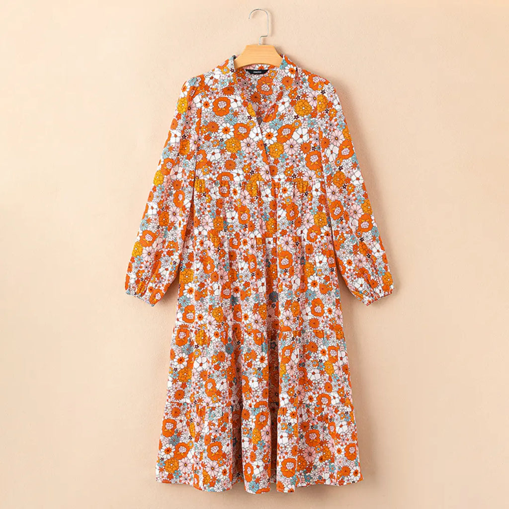 💝💝Dokotoo Women's Casual Bohemian Floral Dress 2026 V-Neck Long Puff Sleeve Midi Dress Soft Fabric Comfortable Summer Dress - Womenswear