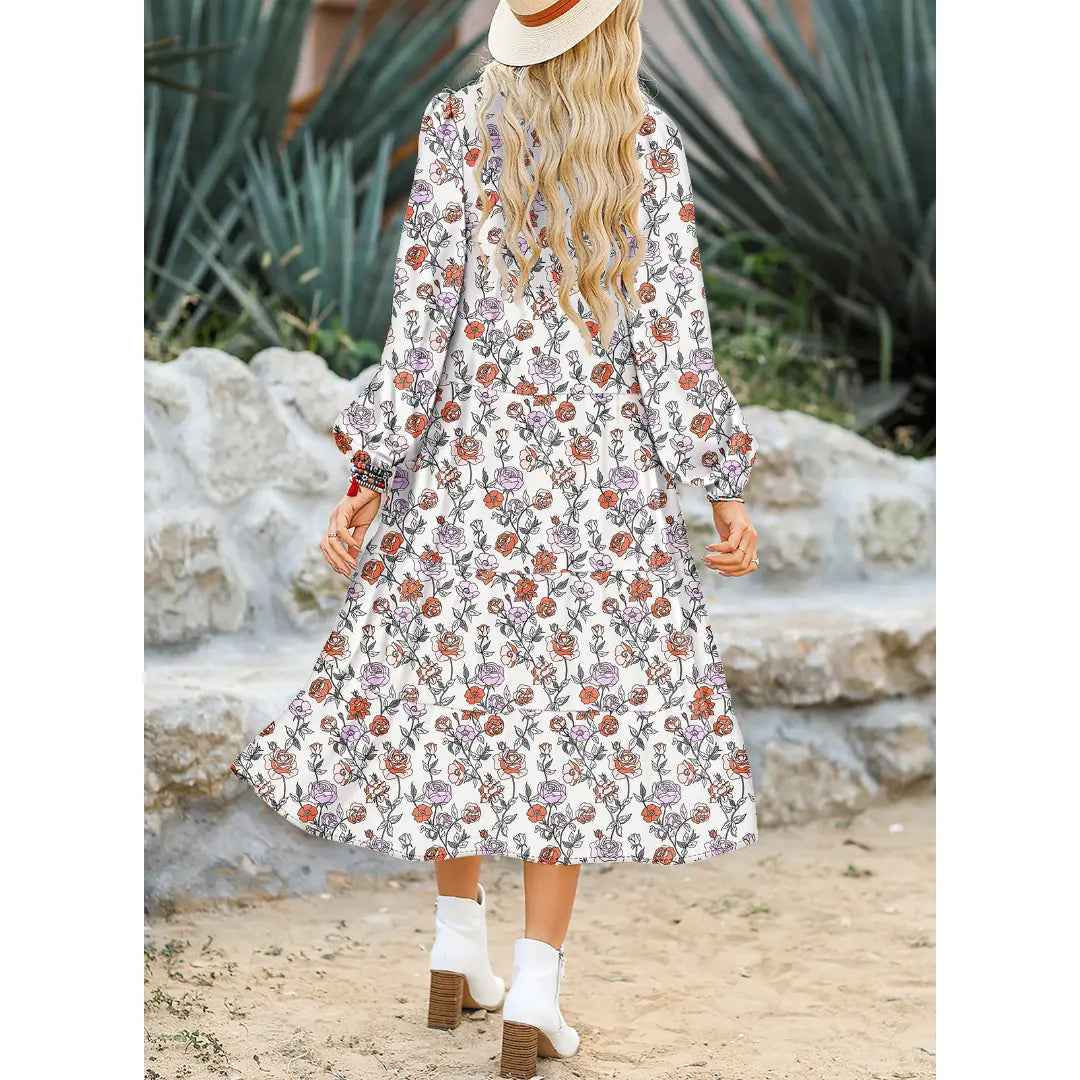 💝💝Dokotoo Women's Casual Bohemian Floral Dress 2026 V-Neck Long Puff Sleeve Midi Dress Soft Fabric Comfortable Summer Dress - Womenswear