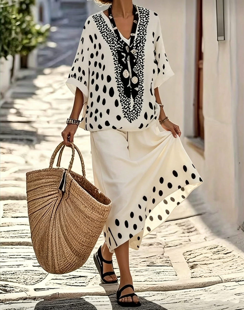 Women's Retro Polka Dot Print Casual Cotton-linen Two-piece Set