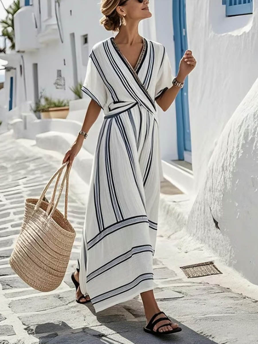 💝💝Women's Striped Print V-neck Short-sleeve Casual Loose Cotton-linen Dress