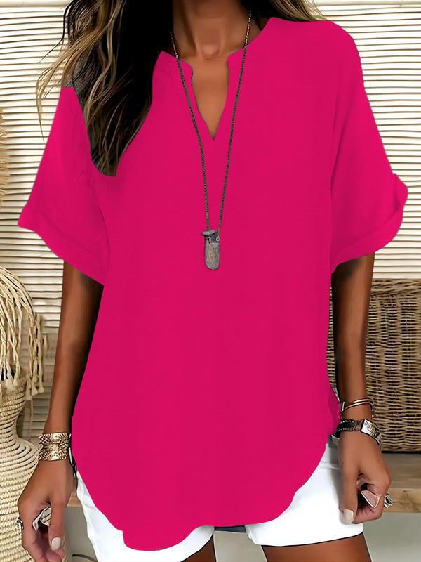 📦📦LAST DAY SAVE 49% ⏰Women's Plain Short Sleeve Blouse, Casual Solid Color Top for Daily Wear, Ladies Clothes for All Seasons