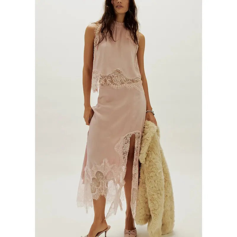 ✨ Women’s 2-Piece Satin Lace Set – Sleeveless Crop Top & A-Line Skirt