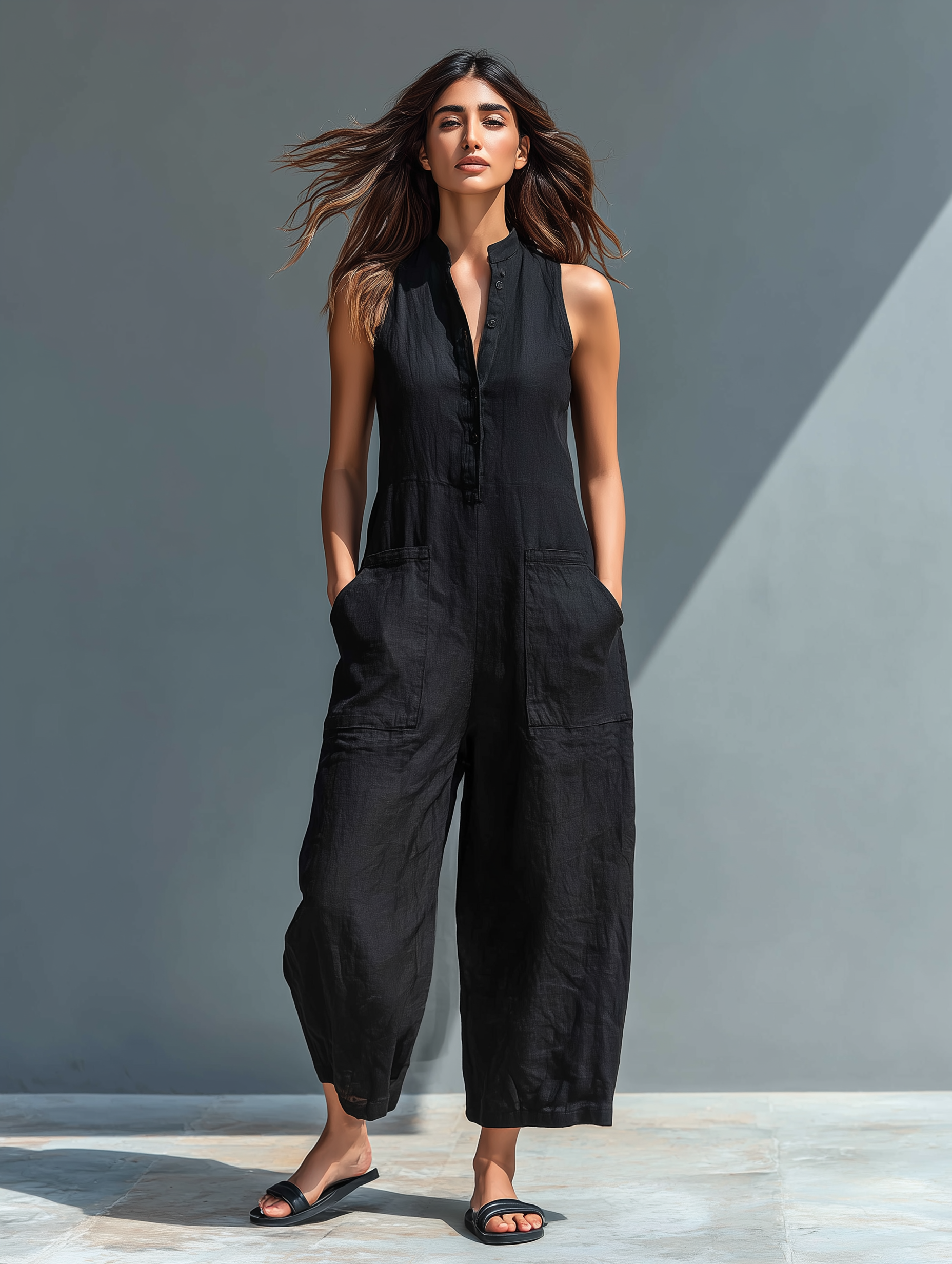 🔥 Women’s Minimalist Linen Blend Sleeveless Jumpsuit 👗✨ Button-Up Stand Collar Loose Fit 🌿