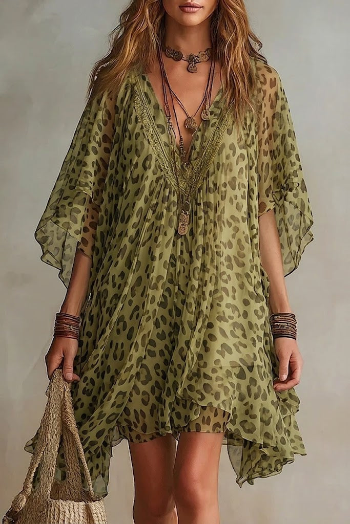 📦📦LAST DAY SAVE 49% ⏰Loose-fitting, Flowy V-neck Leopard Print Chiffon Dress