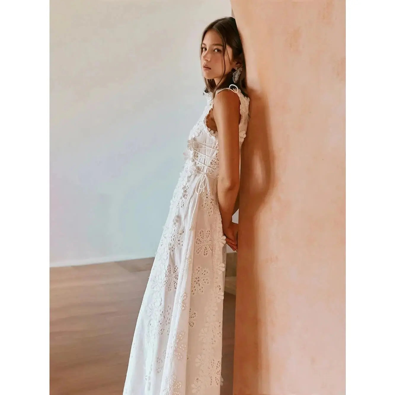 2026 Delicate Lace Hook And Lace Up Sides Maxi Dress - Soft Premium Fabric, Sleeveless, Floral Decorated, Fitted Waist, Perfect for Casual Outings & Beach Vacations weddingguestdress