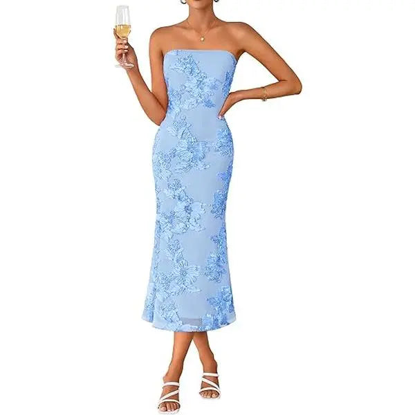 👗✨ Women’s Summer Strapless Floral Midi Dress – Bodycon Party & Wedding 2026 👗✨