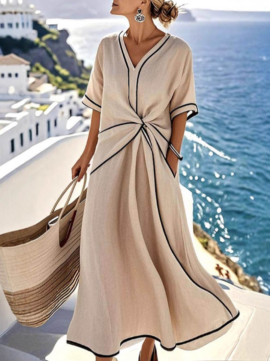 💝💝Women's V-neck Short-sleeve Casual Loose Cotton-linen Dress