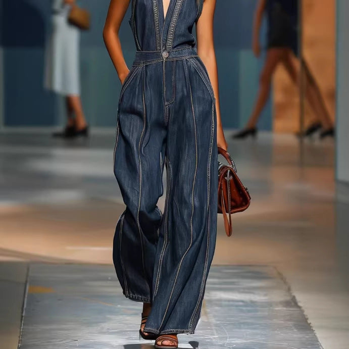 ✨ Free Shipping✨Women's V-neck Sleeveless Casual Loose Denim Jumpsuit With Wide Legs