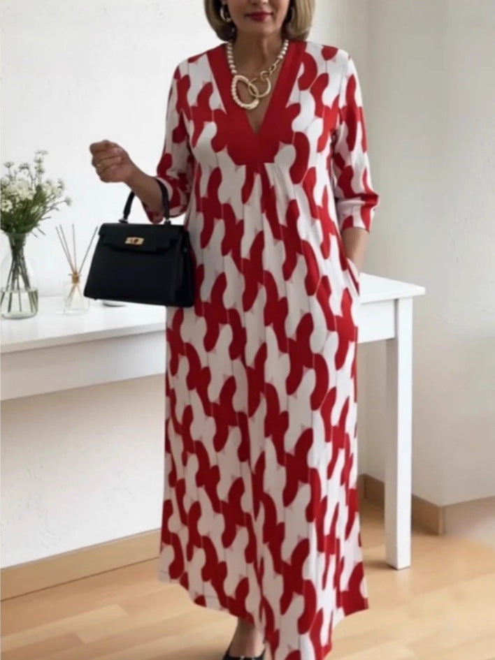 Elegant Art Print Color Block Trim V-neck Midi Dress