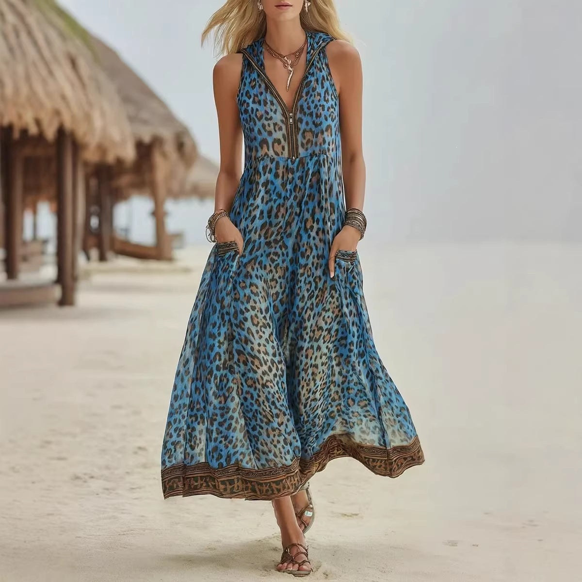 🌷🌷Women's Retro Casual Green Leopard Print Art Hooded Midi Dress