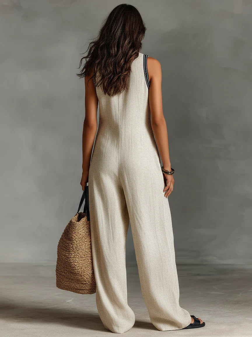 Women's V-neck Sleeveless Casual Loose Cotton And Linen Jumpsuit