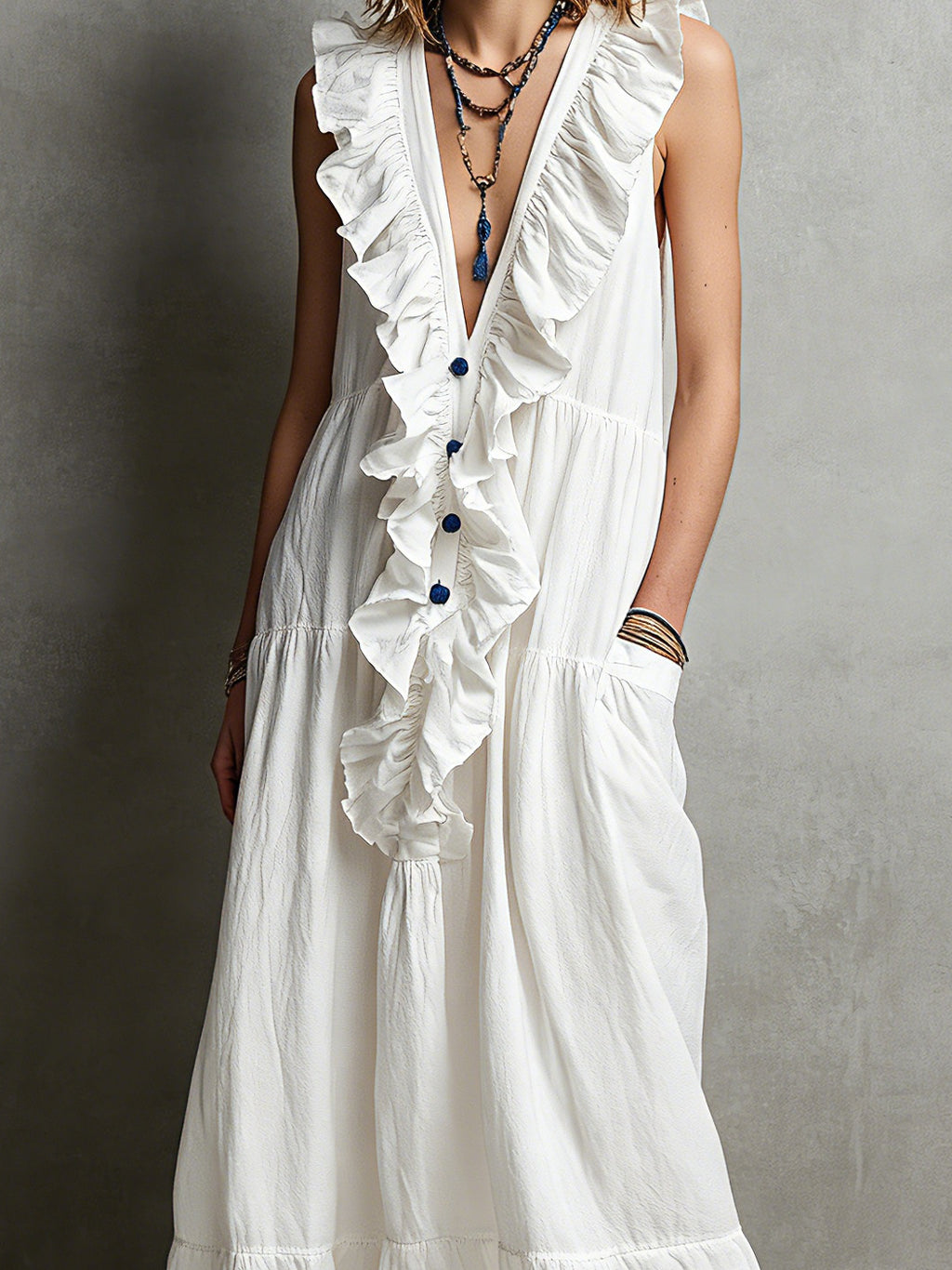 Women's Solid-color V-neck Ruffled Sleeveless Casual Loose Cotton-linen Dress