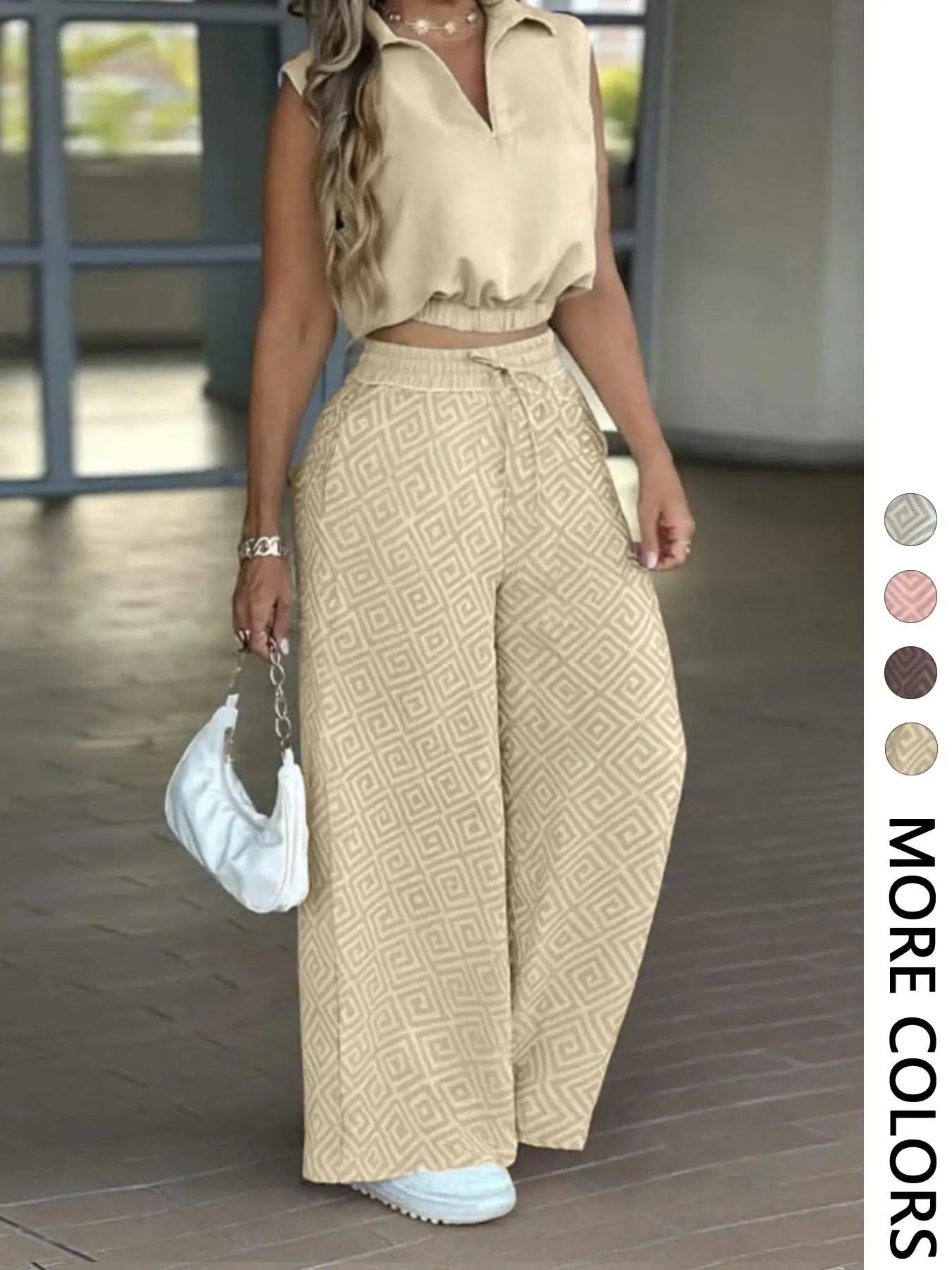 💝💝2-Piece Women's Casual Commuter Set, Womenswear Sleeveless Collared Waist-Defined Top with High-Waisted Drawstring Adjustable Wide-Leg Pants