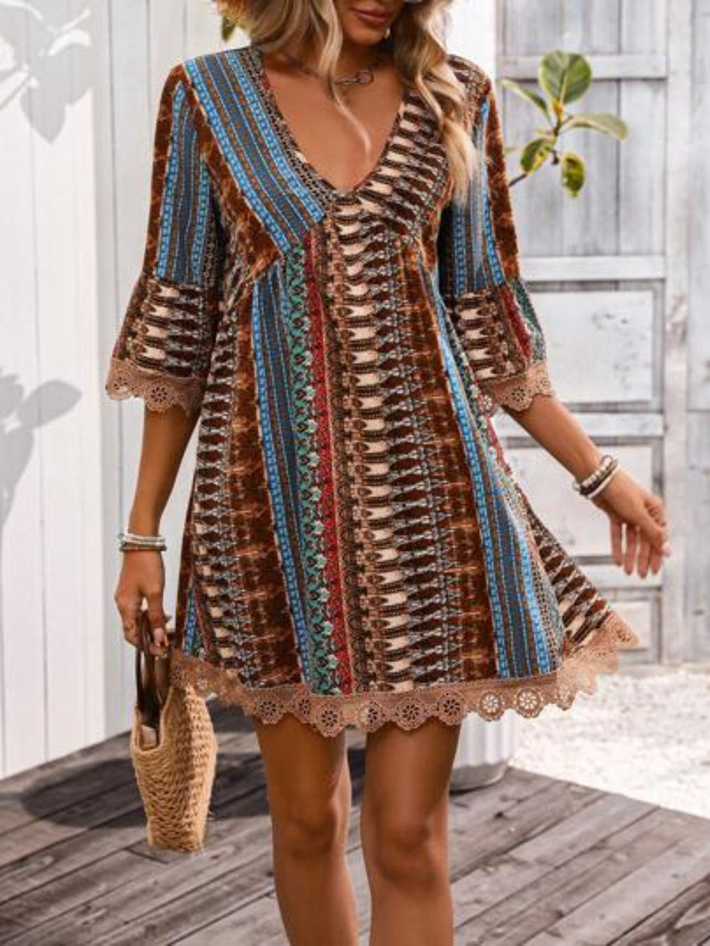 🌷🌷Lace Trim Printed V-Neck 3/4 Sleeve Dress（S-5XL）