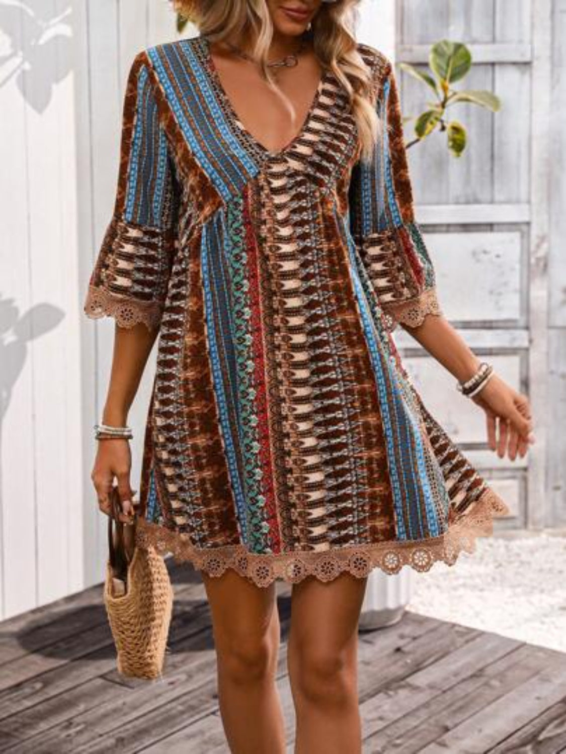 🌷🌷Lace Trim Printed V-Neck 3/4 Sleeve Dress（S-5XL）