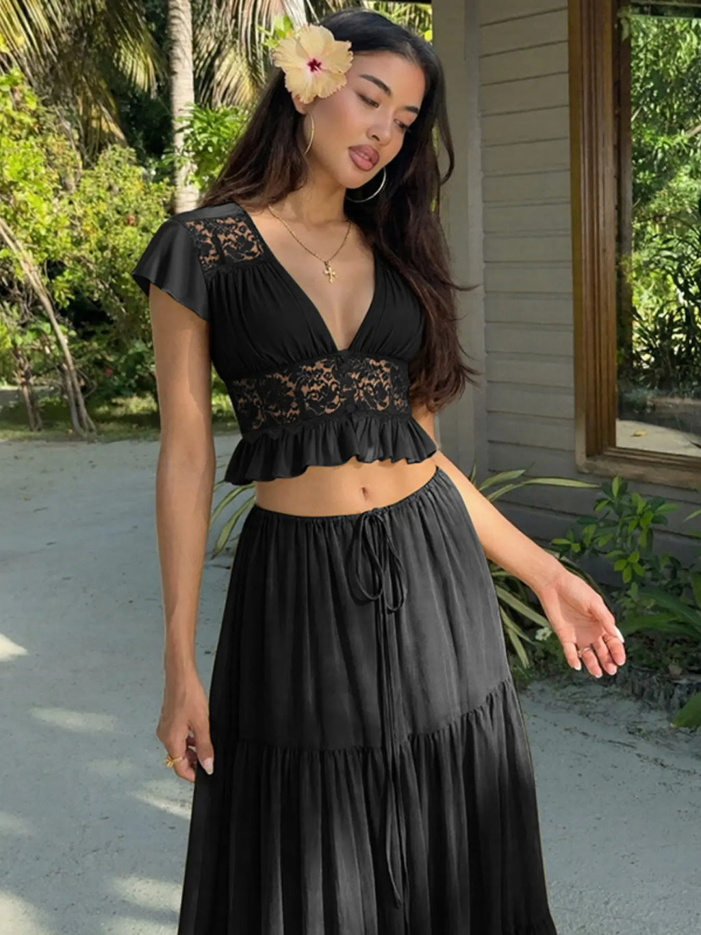 ☀️👗 Women’s Summer 2-Piece Set – V-Neck Top & Long Skirt