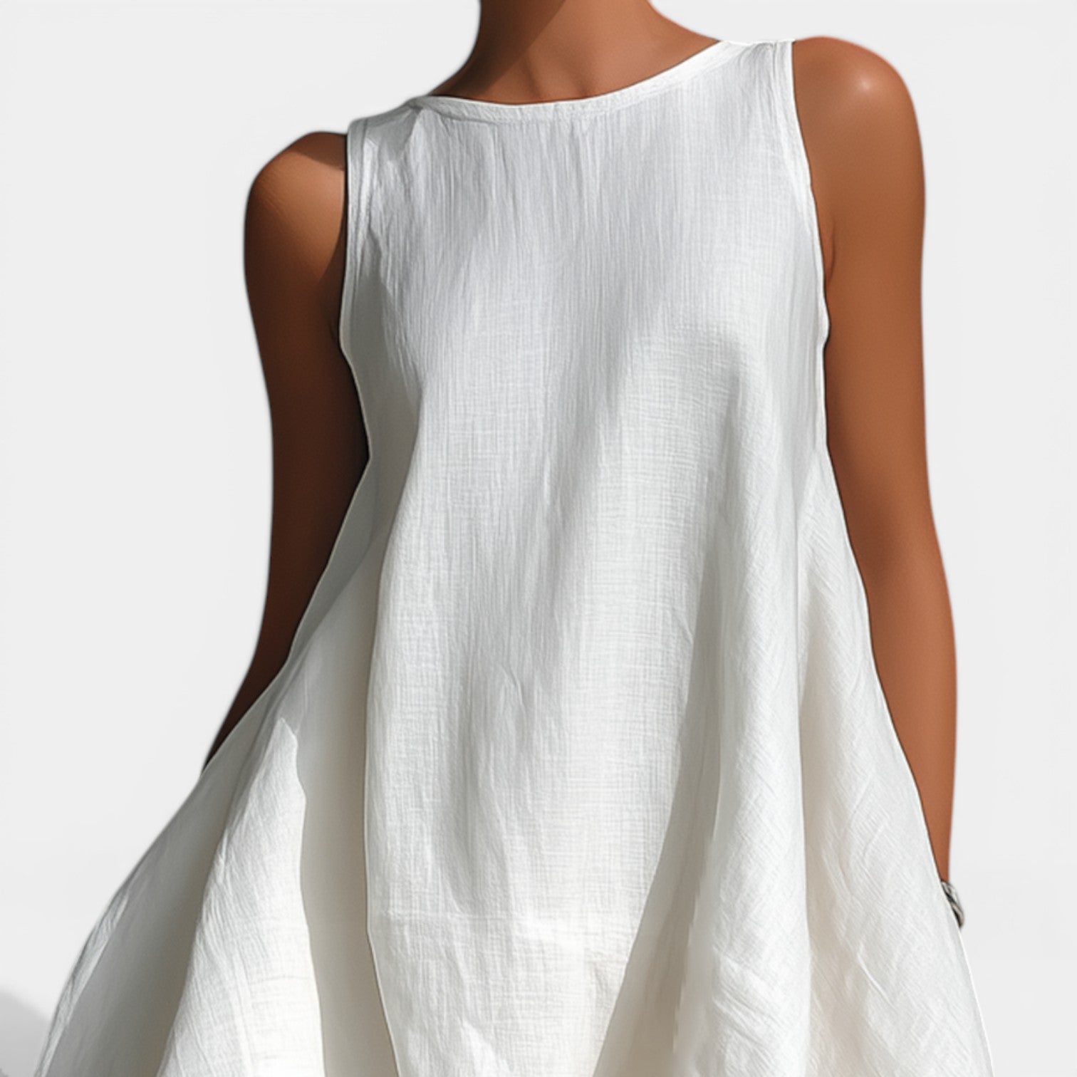 🌷🌷Women's White Linen Fabric Sleeveless Midi Dress With Round Neck & Asymmetric Hem