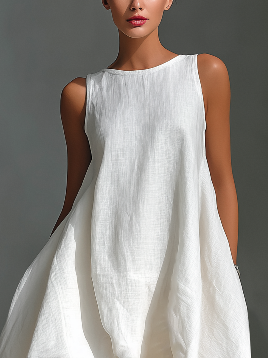 🔥 Women’s White Linen Sleeveless Midi Dress 👗✨ Asymmetric Hem Chic Style 🤍