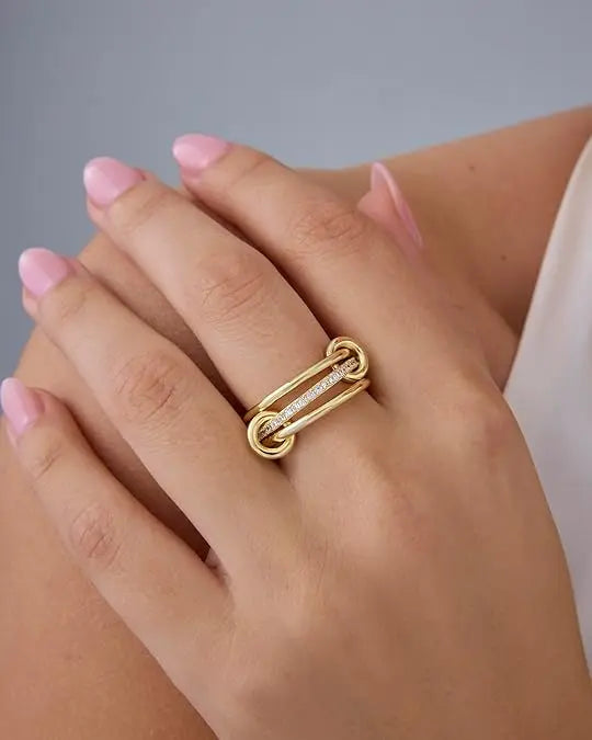 💝💝PAVOI 14K Gold Plated Interlocked Stackable Statement Ring for Women – Chunky Multi-Band Double & Triple Ring, Two-Tone Mixed Metals with Cubic Zirconia