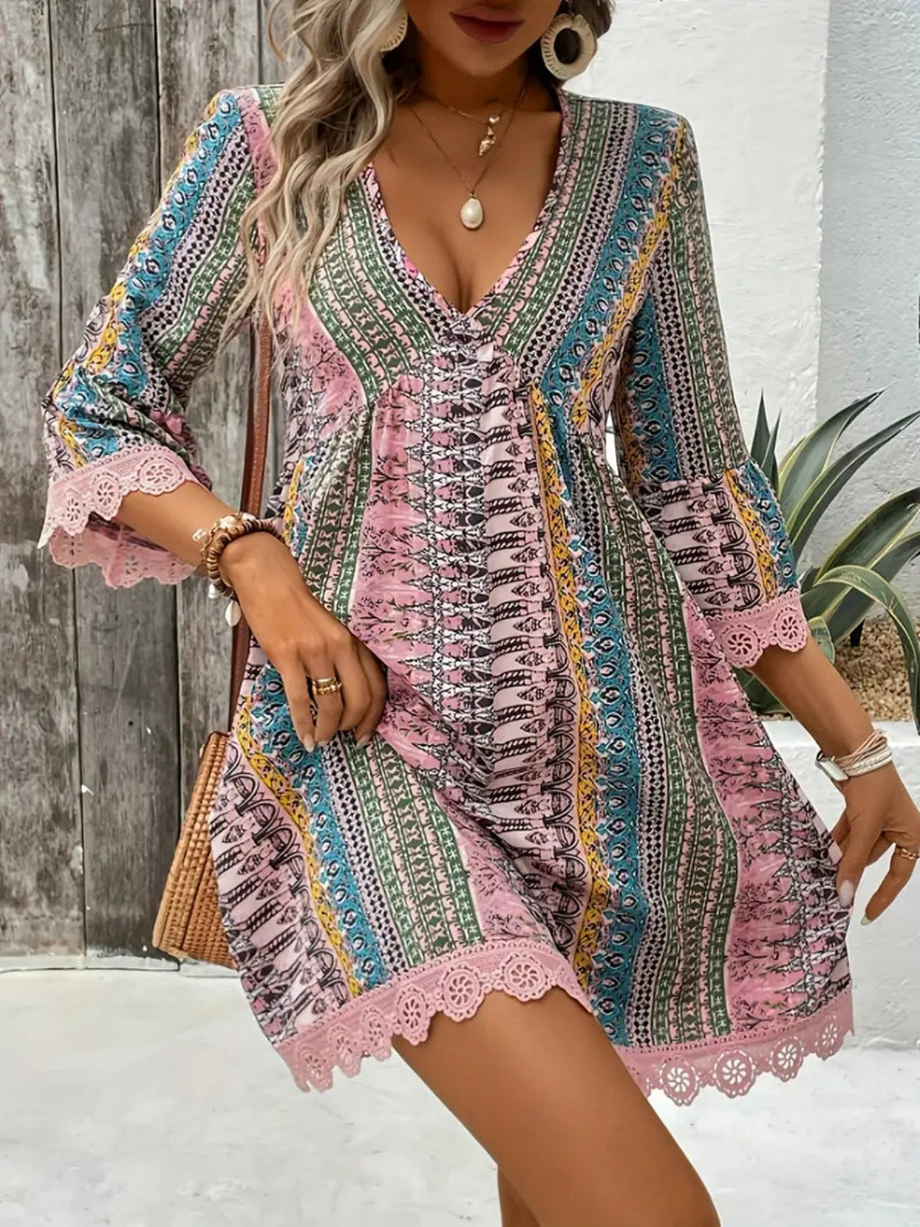 🌷🌷Lace Trim Printed V-Neck 3/4 Sleeve Dress（S-5XL）