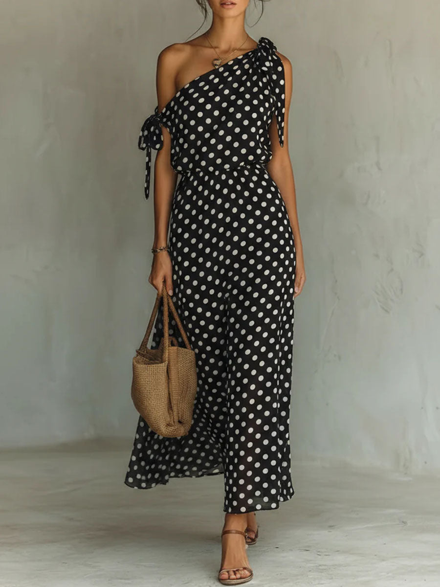 Women's Off-shoulder Sleeveless Casual Loose Polka Dot Print Dress