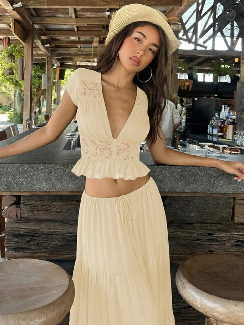 ☀️👗 Women’s Summer 2-Piece Set – V-Neck Top & Long Skirt