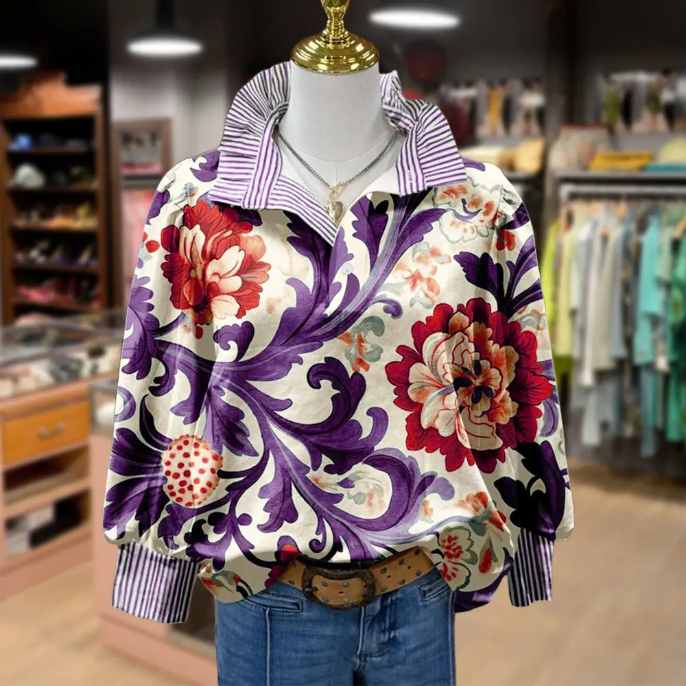 💝💝Cherrybetty Women's Vintage Floral Print Striped Collar Top Going Outfits Blouses 90s Tops Funny Shirts Women Elegant Classy Tops Blouse Classyoutfit Women cute summer outfit boho Casual Style cute summer outfit women's summer outfits