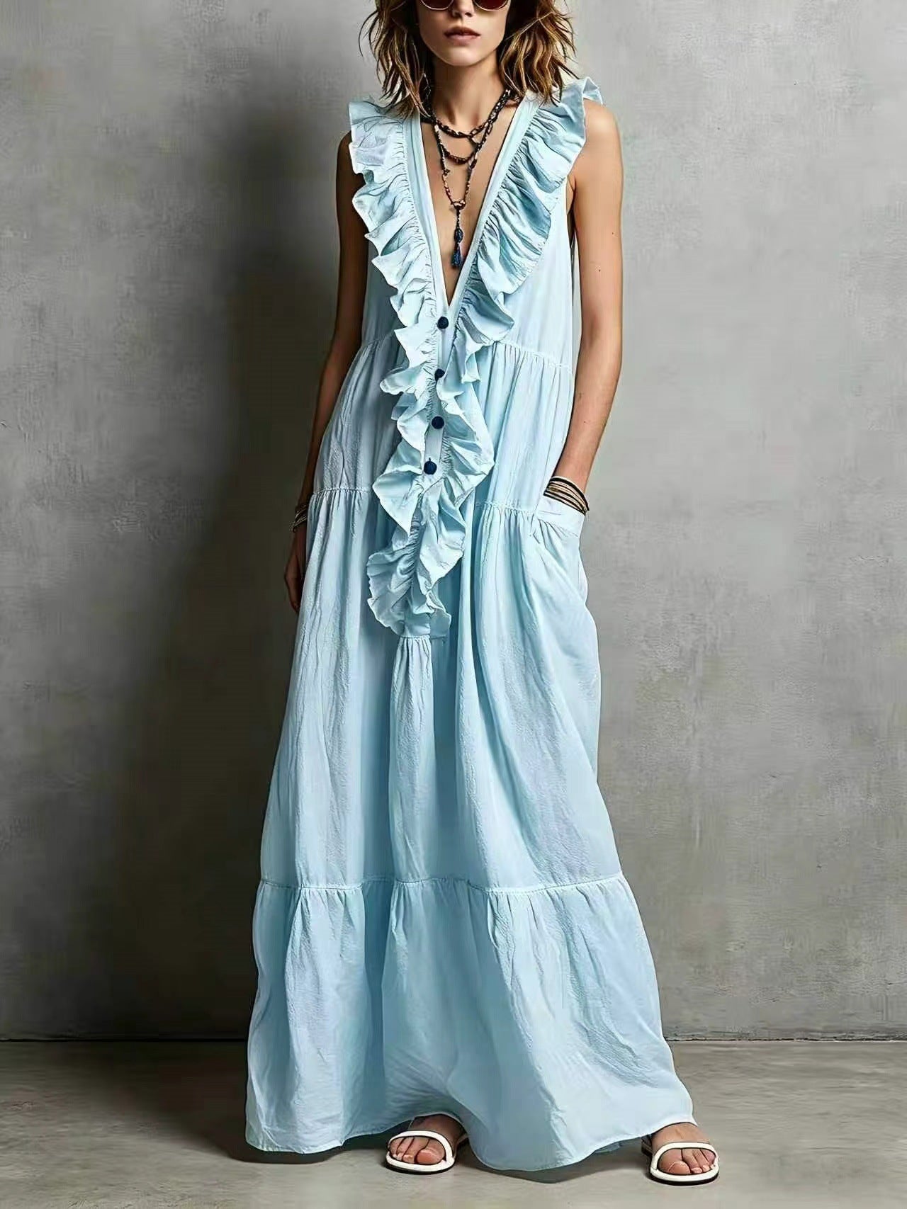 Women's Solid-color V-neck Ruffled Sleeveless Casual Loose Cotton-linen Dress