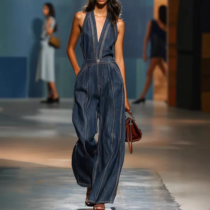 ✨ Free Shipping✨Women's V-neck Sleeveless Casual Loose Denim Jumpsuit With Wide Legs