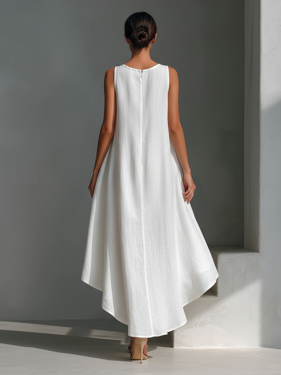 🔥 Women’s White Linen Sleeveless Midi Dress 👗✨ Asymmetric Hem Chic Style 🤍