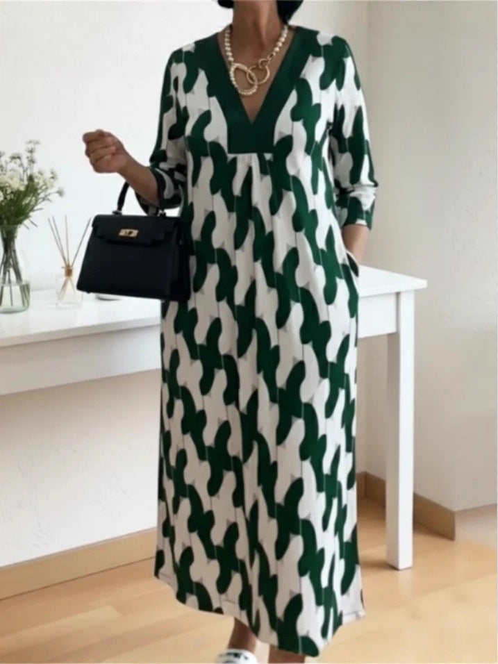 Elegant Art Print Color Block Trim V-neck Midi Dress