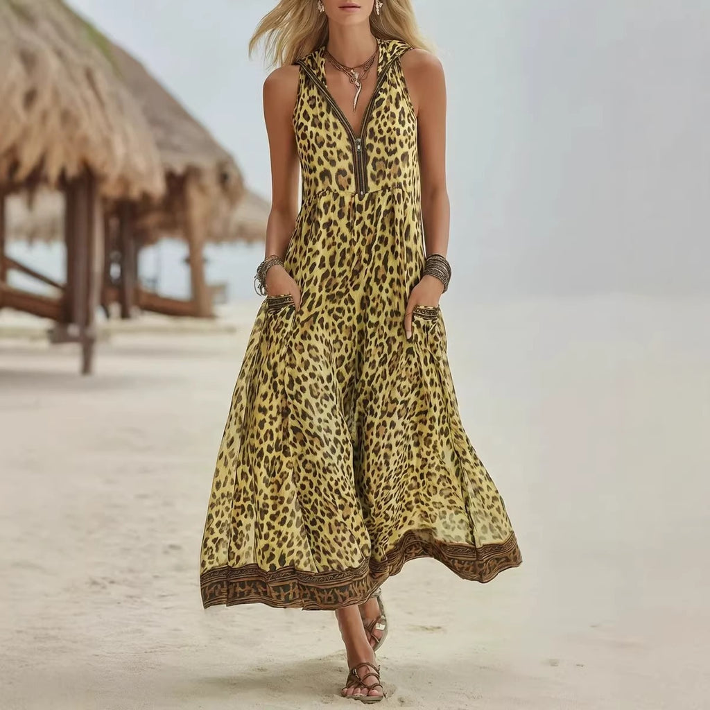 🌷🌷Women's Retro Casual Green Leopard Print Art Hooded Midi Dress