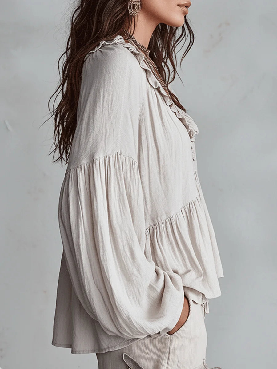 ✨✨Women's Solid Color Retro Ruffled Casual Cotton Linen Shirt