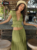 ☀️👗 Women’s Summer 2-Piece Set – V-Neck Top & Long Skirt