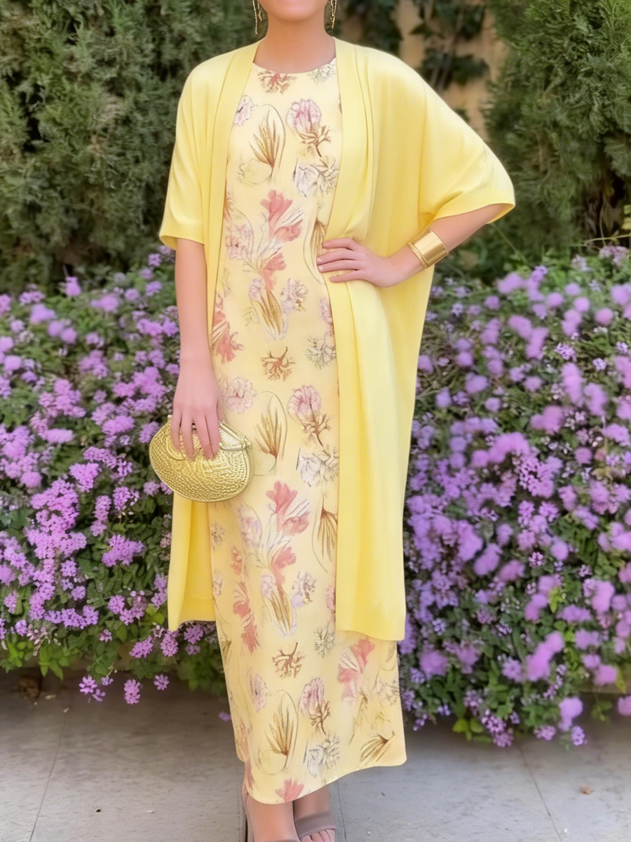 Summer Ocean — Coral Print Dress & Cardigan Two-piece Set