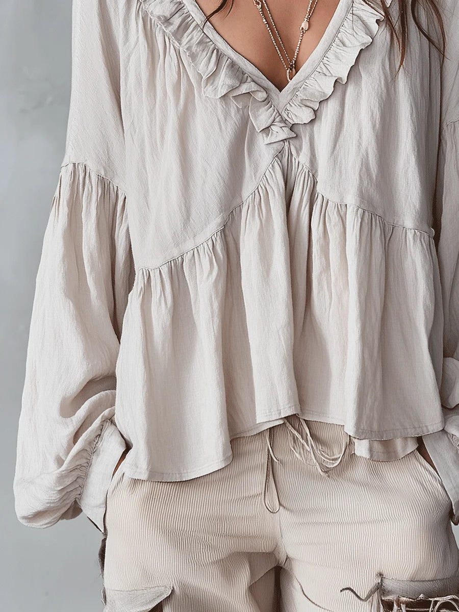 ✨✨Women's Solid Color Retro Ruffled Casual Cotton Linen Shirt